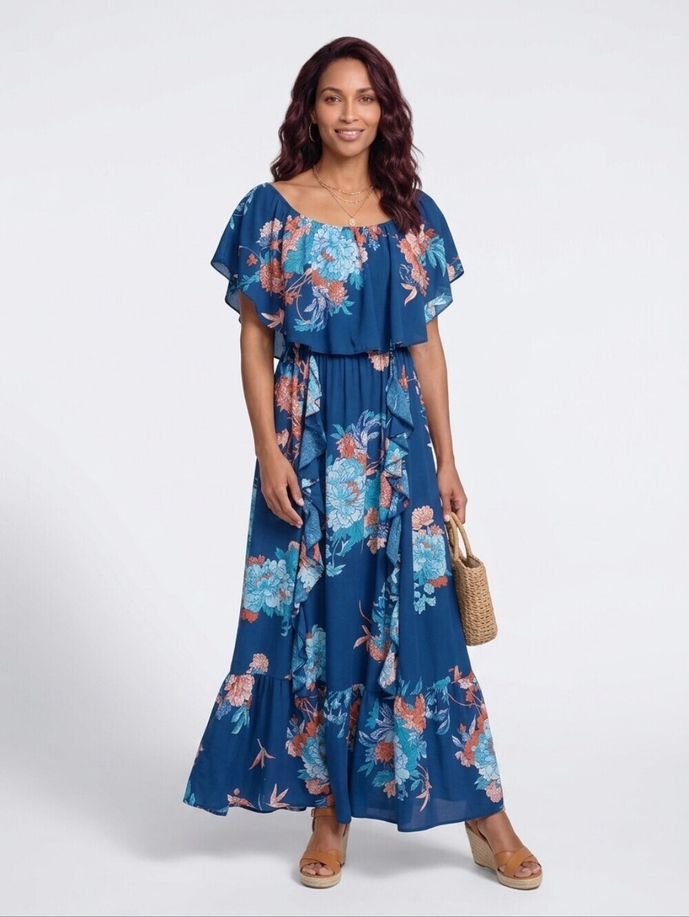 Anthropologie Jase Navy Blue Floral Ruffle Maxi Dress